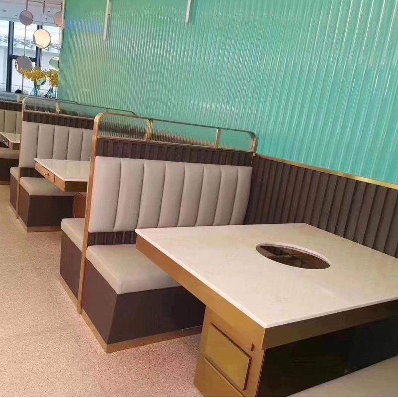 多人位火锅店卡座沙发餐桌组合隔断不锈钢沙发电磁炉火锅桌椅