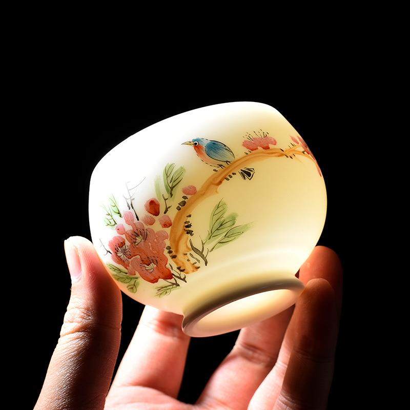 高端手绘羊脂玉素烧白瓷花鸟大主人杯中式单个纯手工品茗杯茶杯,鲜花速递/花卉仿真/绿植园艺,割草机/草坪机,淘宝优惠券,粉丝福利购,淘宝优惠卷