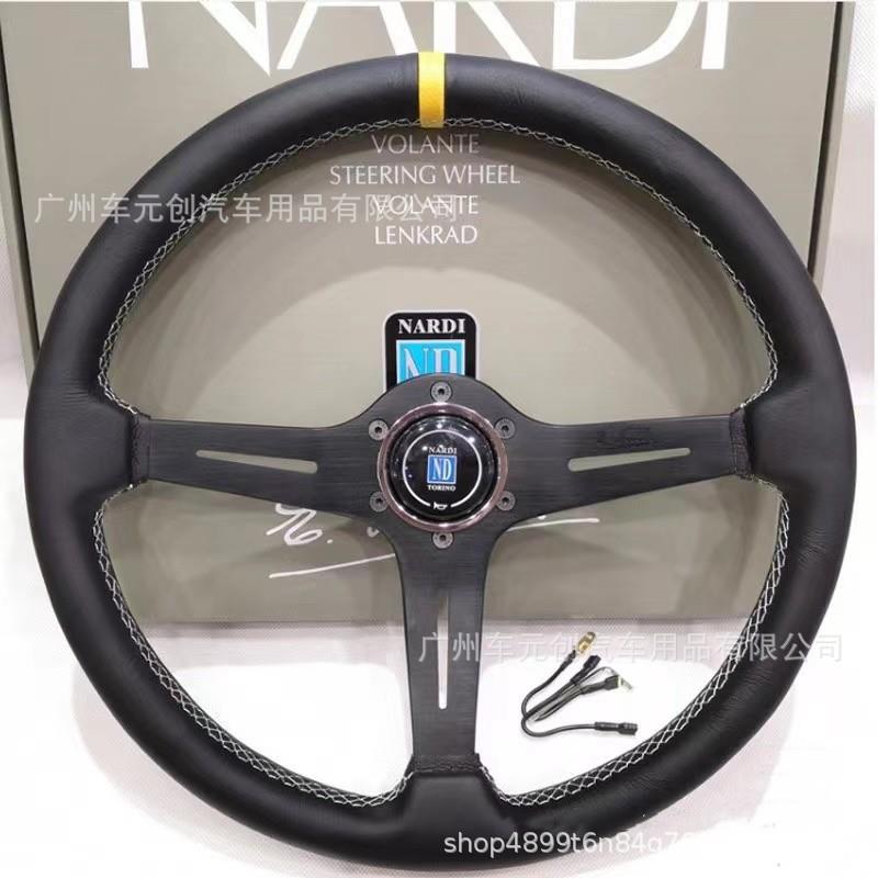 ND汽车改装15寸方向盘Nardi皮质款小凹平支架钛色黑色转向盘370MM