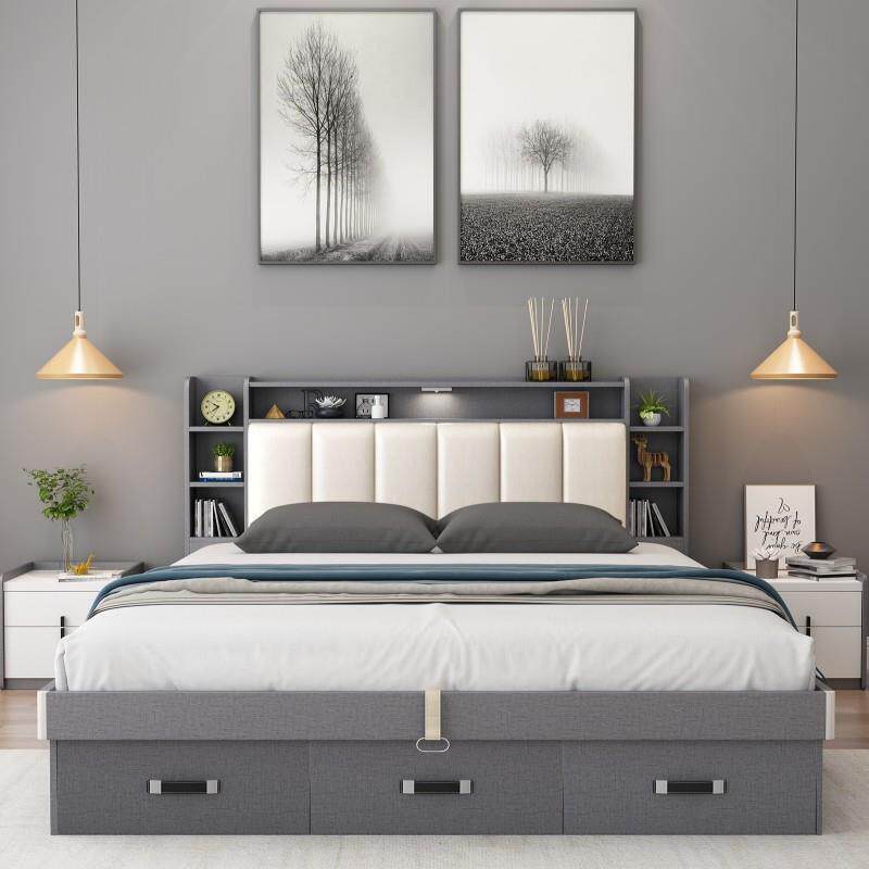 简约气动收纳箱体婚床板式床高箱储物床1.5m1.8m主卧双人床