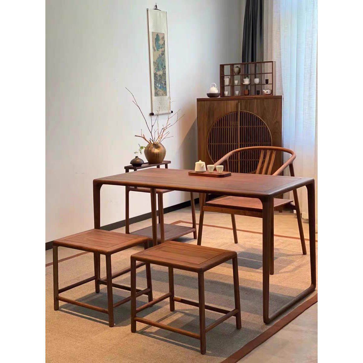 黑胡桃木茶桌新中式阳台茶桌椅组合小型泡茶桌实木书桌小茶台茶几