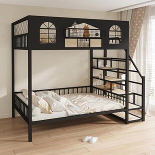 铁艺高架床双层上下铺小户型阁楼床现代简约覆式二楼床时尚儿童床