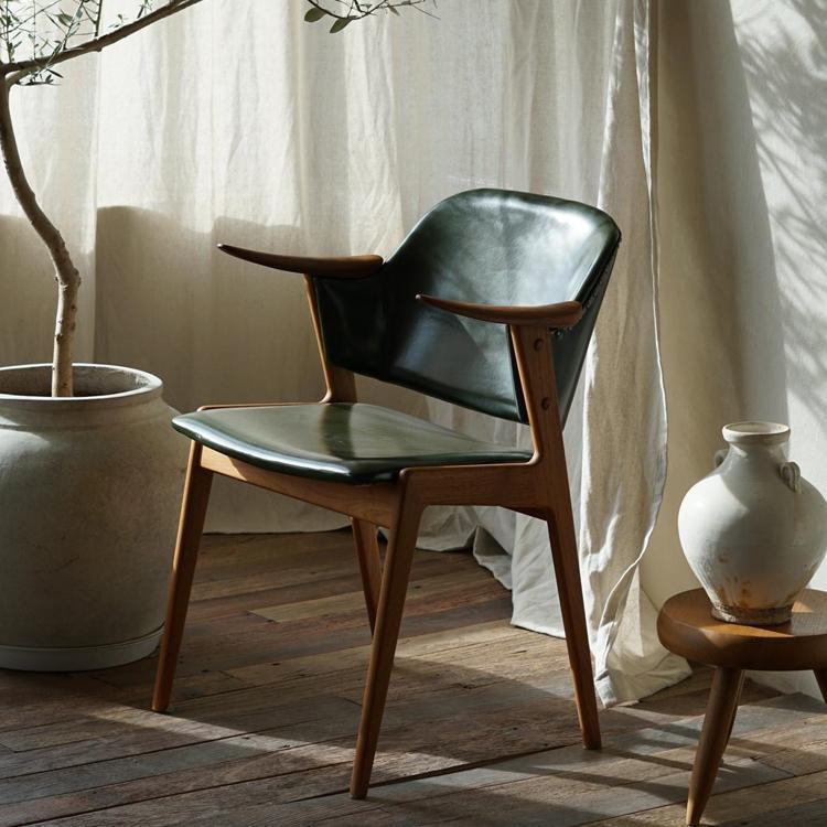 木纳muna北欧中古MCM布艺实木带扶手靠背餐椅办公椅复古缅甸柚木