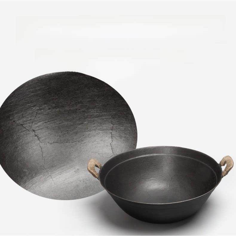 传统双耳铸铁锅炒菜锅老式铁锅圆底家用无涂层不粘锅燃气灶生铁锅