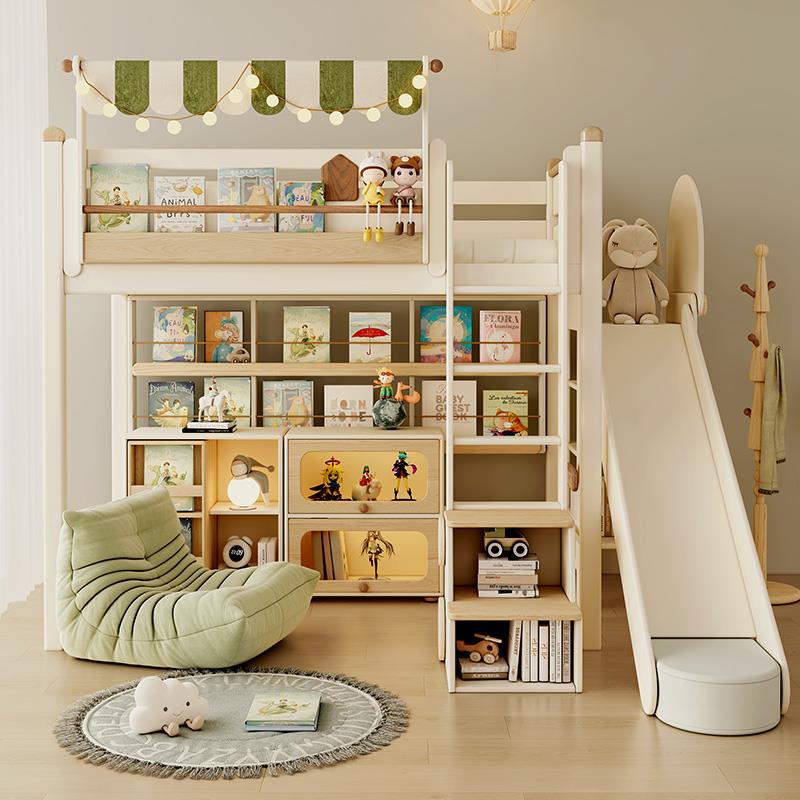 儿童全实木高架床双层床带书架书柜一体床主题高拼床子母床上下床