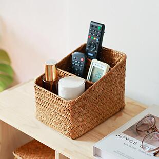 化妆品收纳篮分隔海草编三格藤编笔筒遥控器收纳盒桌面置物篮盒子