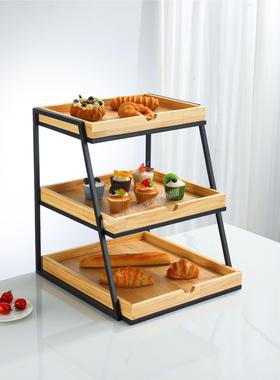 雅米多不锈钢架实木盘面包蛋糕干点水果陈列超市促销架橱窗展示架