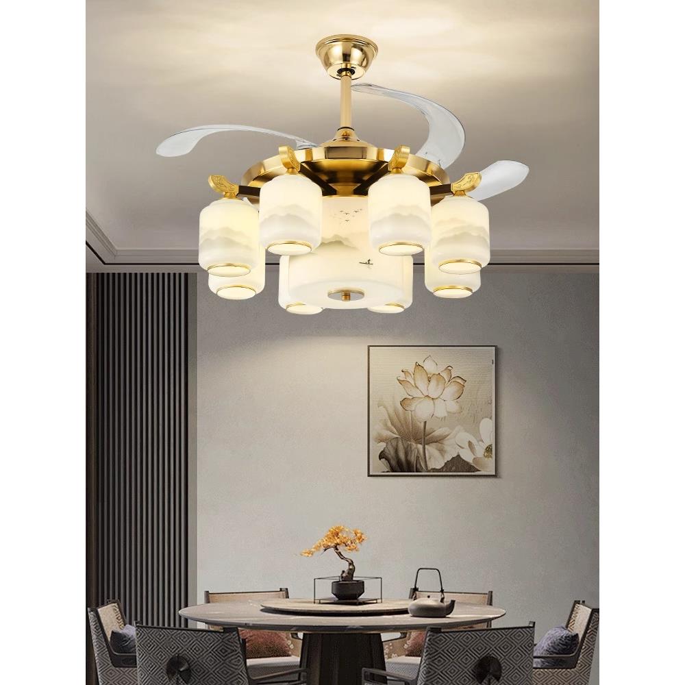 新中式吊灯带风扇2025新款餐厅电风扇吊灯全铜实木客厅8头吊扇灯