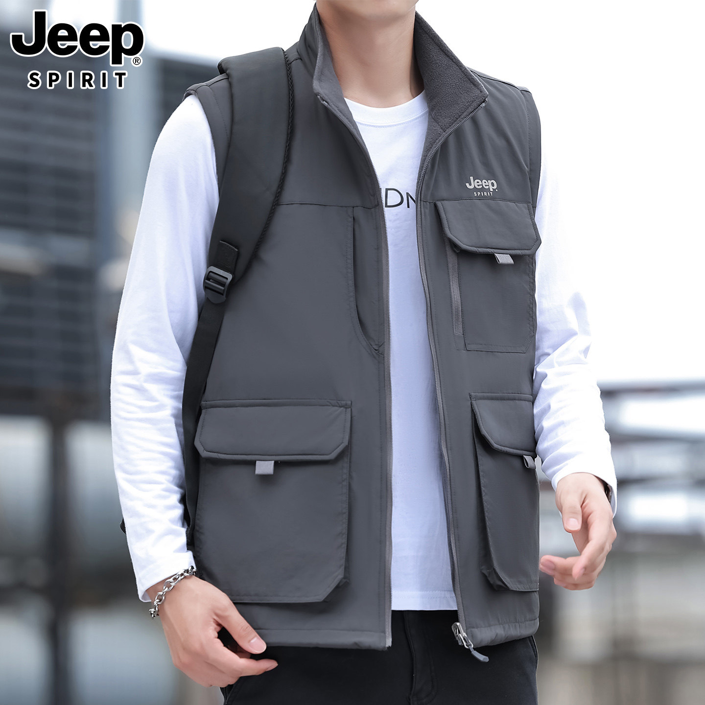 JEEPSPIRIT双面穿加绒工装马甲
