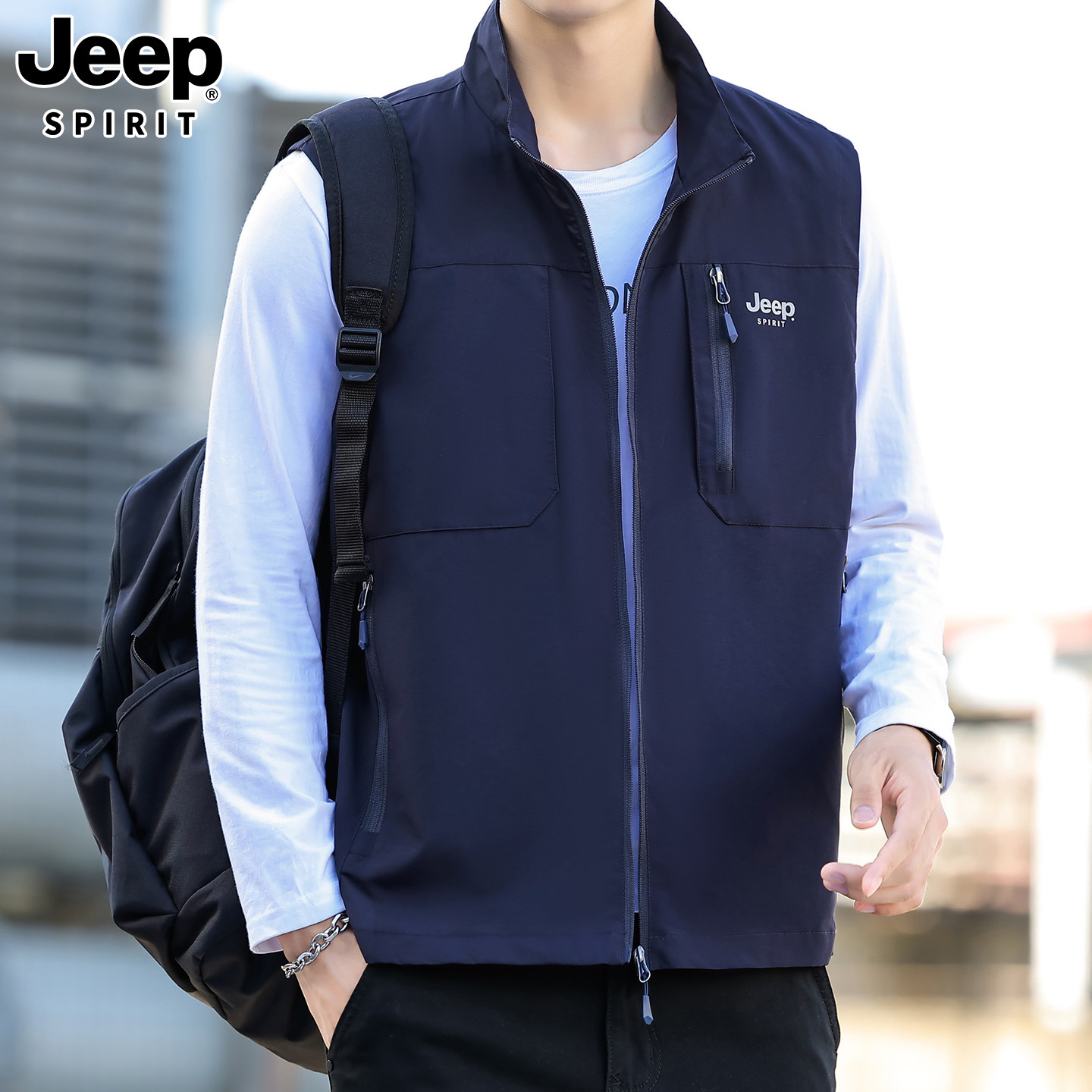 JEEPSPIRIT男透气多口袋马甲
