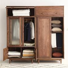 北欧黑胡桃实木移门衣柜简约现代橡木推拉门柜子卧室组合开门衣柜