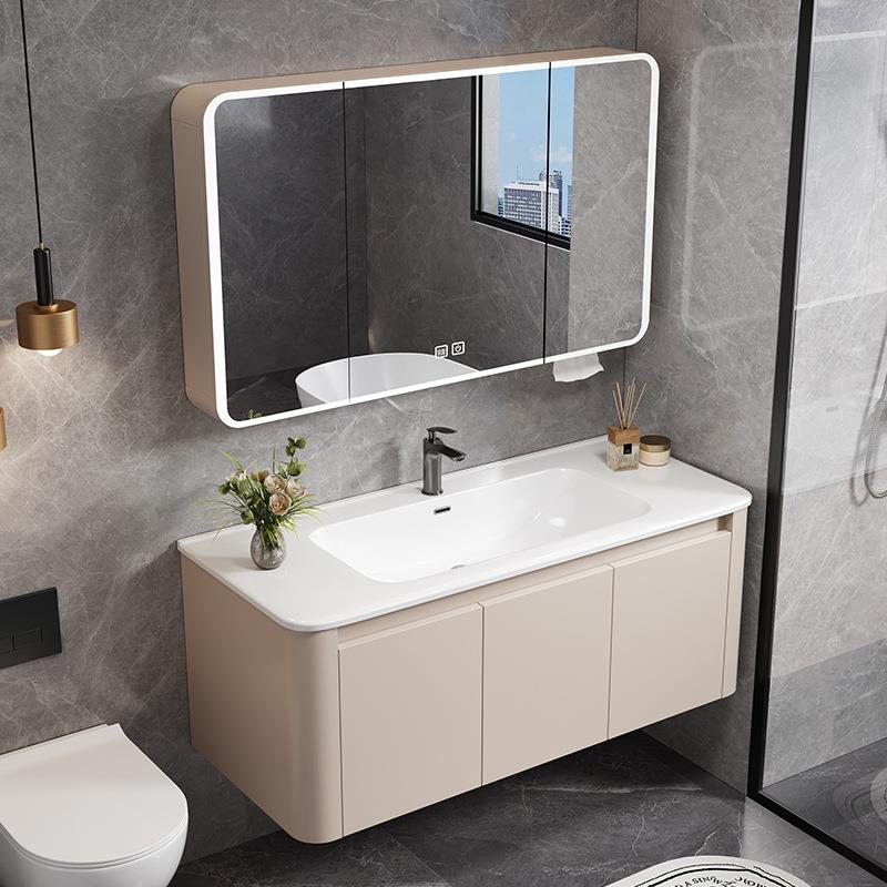 奶油风浴室柜组合太空铝洗漱台圆角洗手脸池陶瓷一体盆简约款轻奢