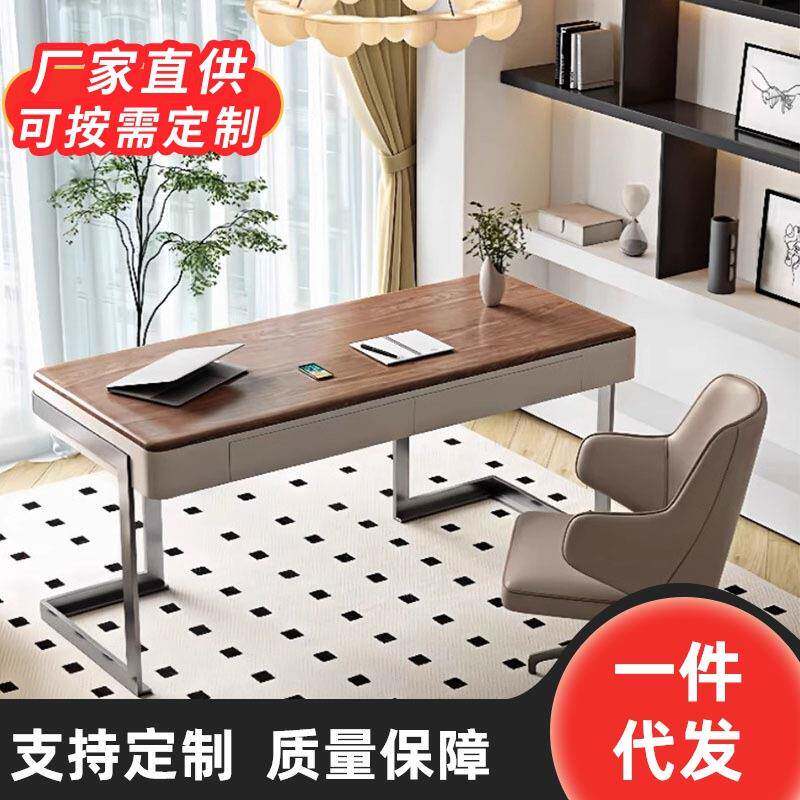 设计师款女写字桌直排胡桃色复古风实木书桌轻奢办公桌卧室电脑桌