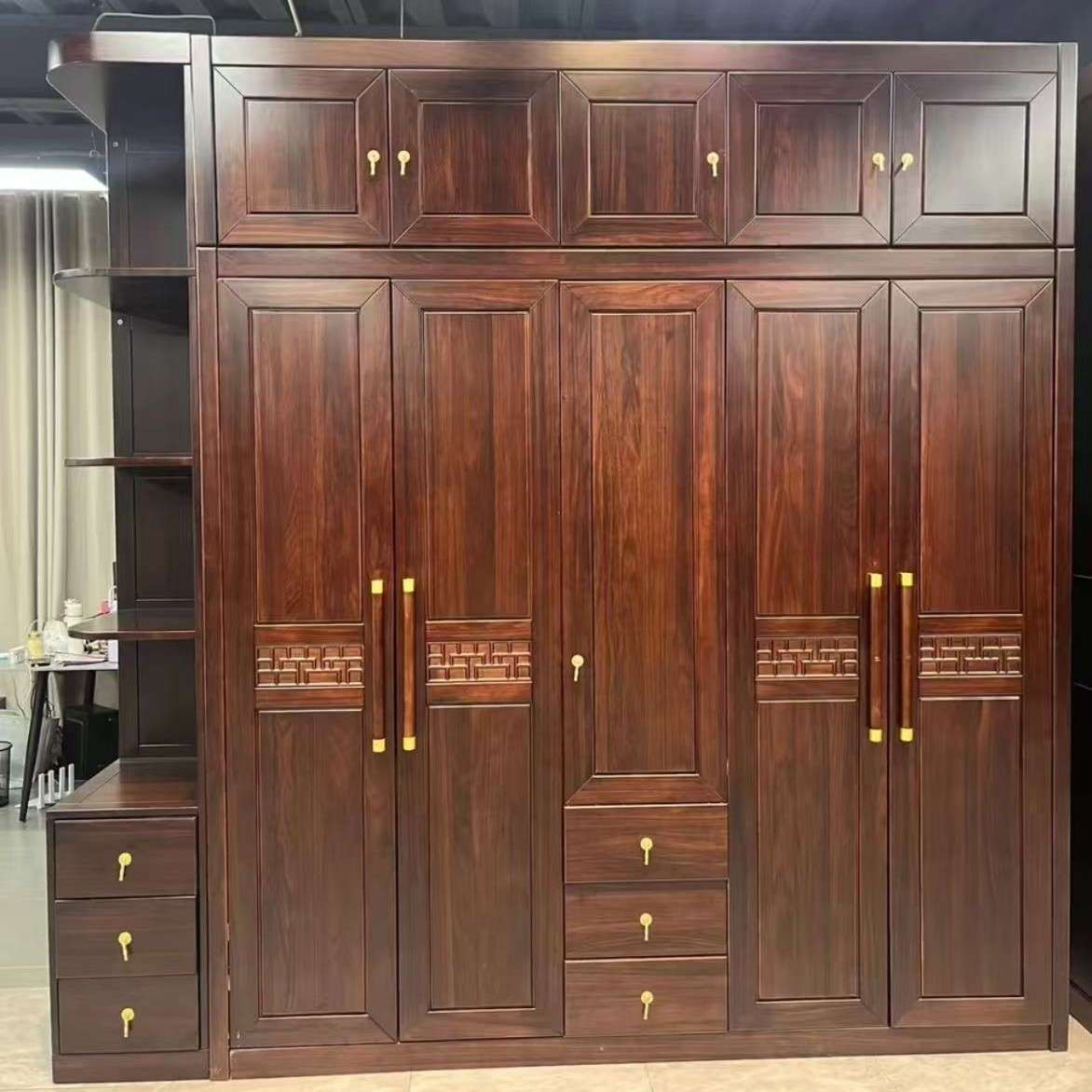 乌金木全实木原木衣柜卧室新中式五开门收纳储物柜家用实木大衣橱