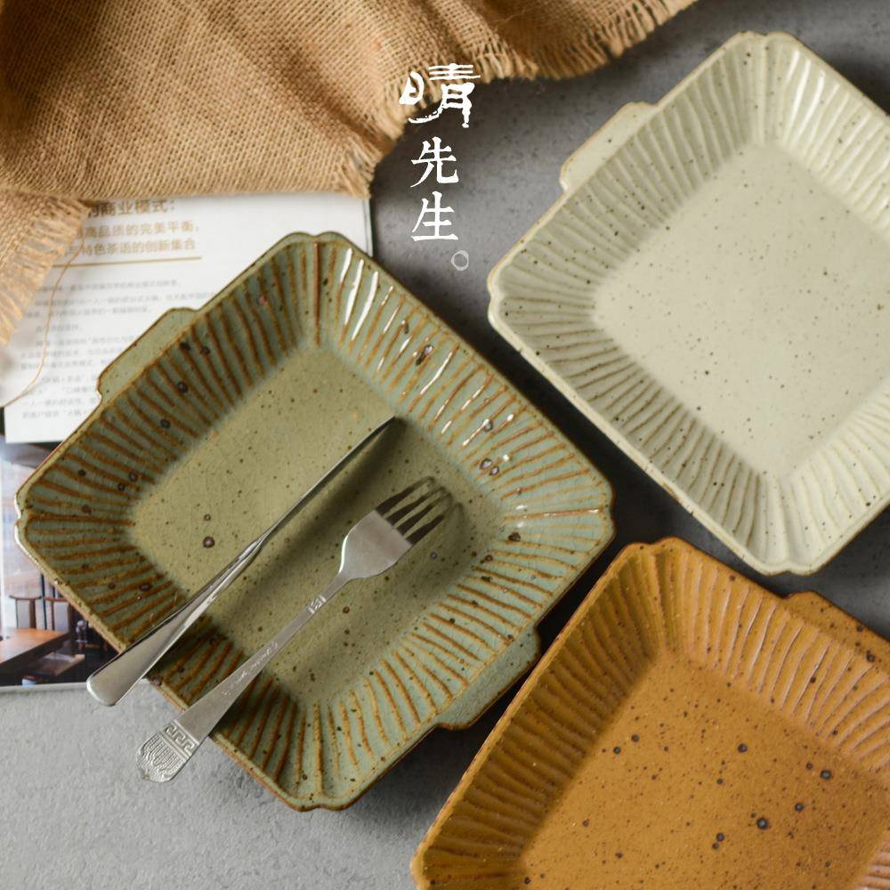 日式手工粗陶瓷餐具双耳方形碗碟盘子套装家用复古餐具简约可微波