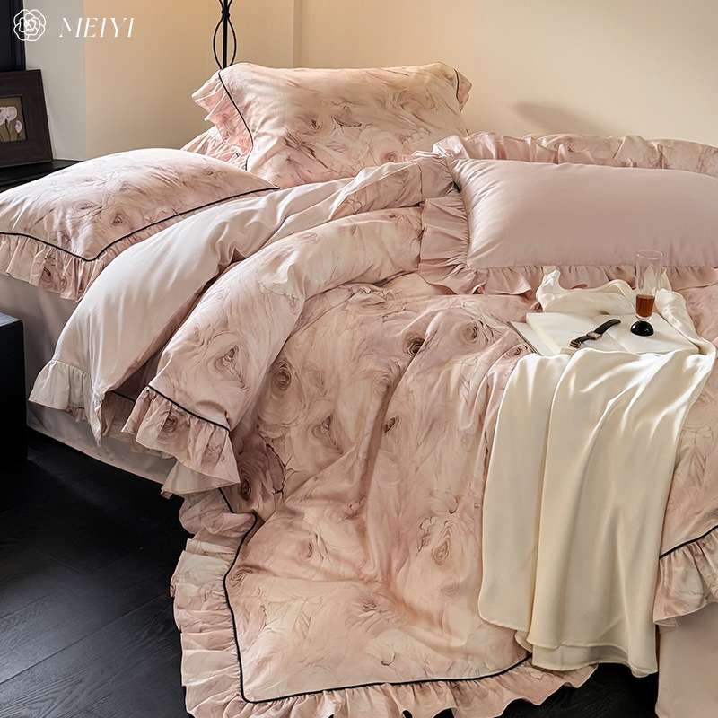 少女心法式玫瑰裸睡床单四件套全棉纯棉100S花边被套印花床上用品