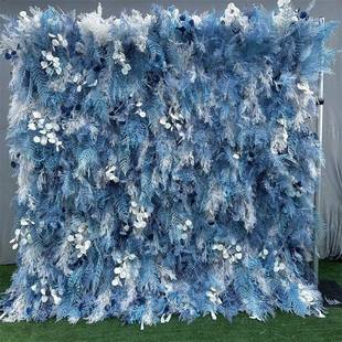 潘帕斯花墙蓝色人造花墙网红打卡背景装饰婚庆道具背景