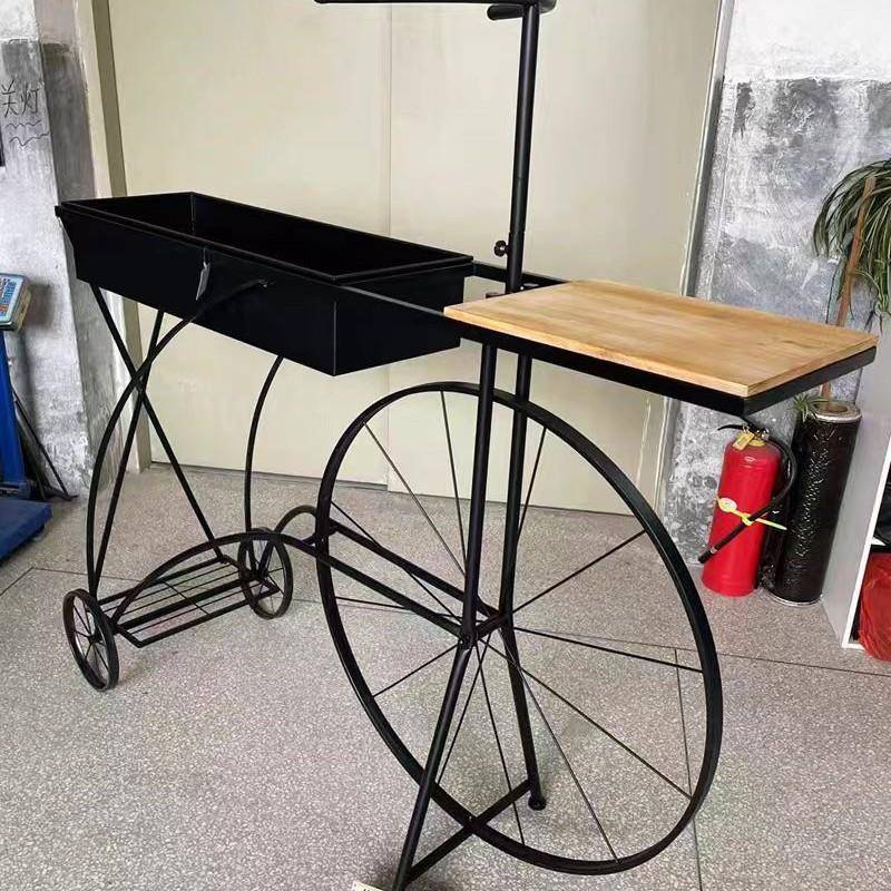 外贸原单设计师款美式乡复古铁艺木质自行车花架花盆架休闲桌摆件