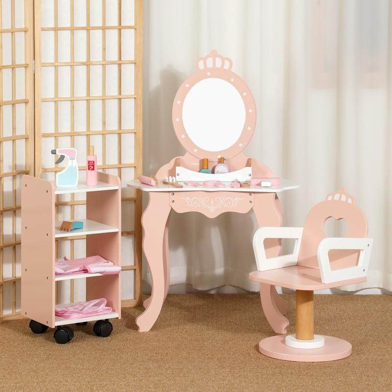 儿童北欧风仿真理发店饰品化妆梳妆台女孩过家家角色扮演木制玩具