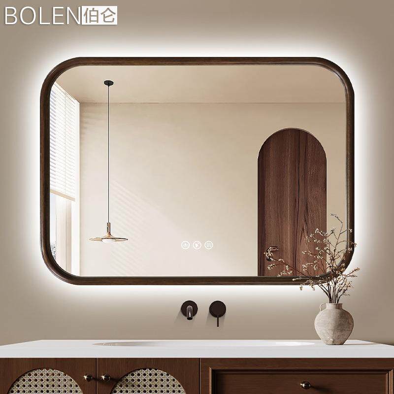 BOLEN智能新中式实木方形浴室镜挂墙LED发光卫生间洗手台镜子