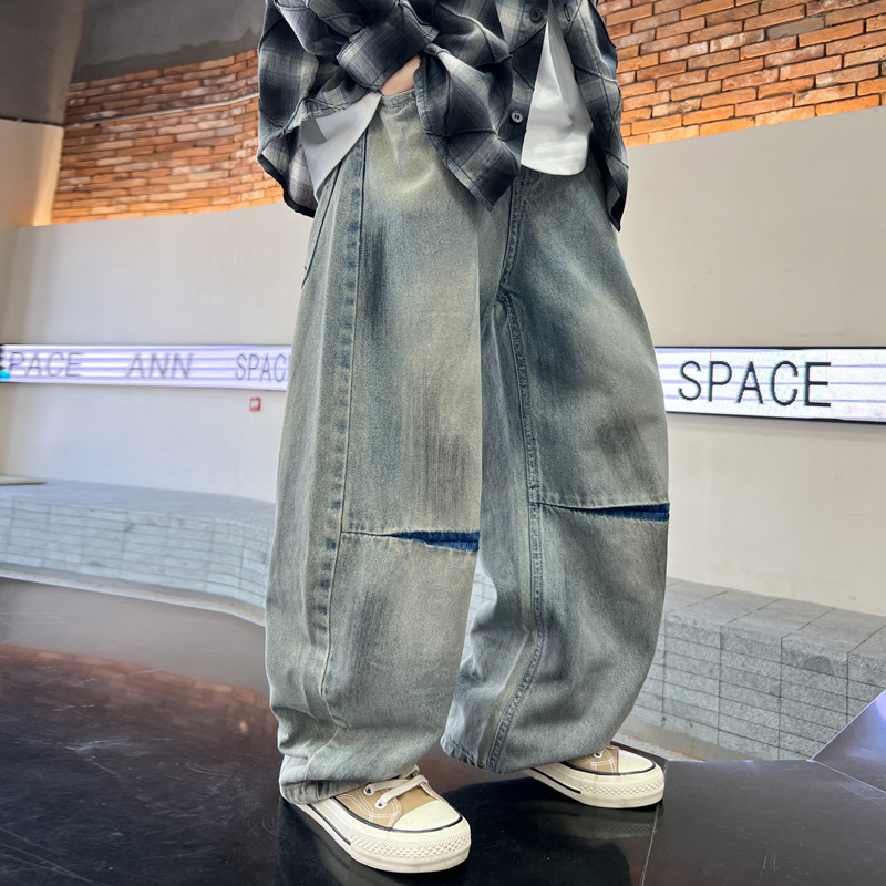 男童裤子2025新款春装儿童牛仔裤春秋款打褶脏脏个性阔腿裤男孩潮