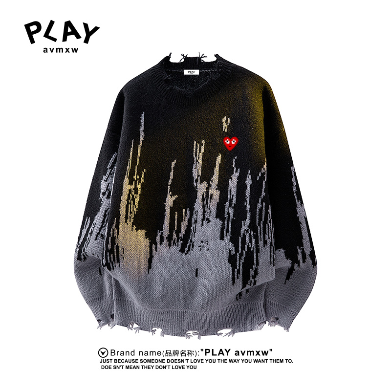PLAYAVMXW宽松韩版破洞圆领毛衣