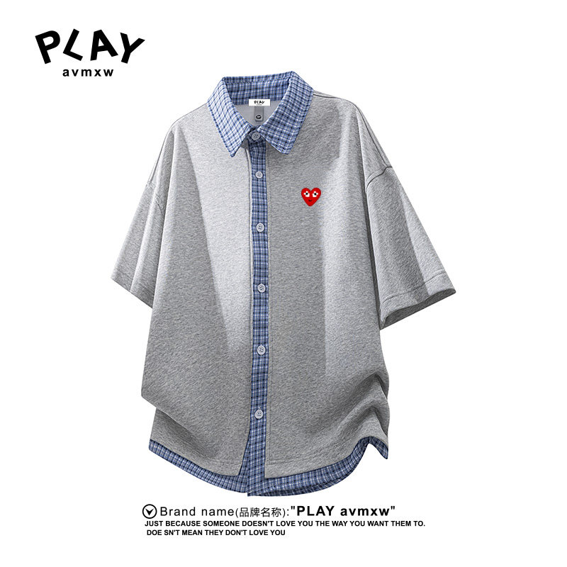 PLAY AVMXW 官方T恤假两件格纹拼接短袖衬衫男夏季男女款开衫上衣