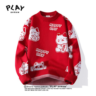 新款 PLAY 冬季 官方针织衫 休闲加厚保暖圆领中国红情侣毛衣 AVMXW