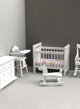 1:12娃娃屋dollhouse迷你家具白色儿童房套装儿童床摇摇马摇椅柜