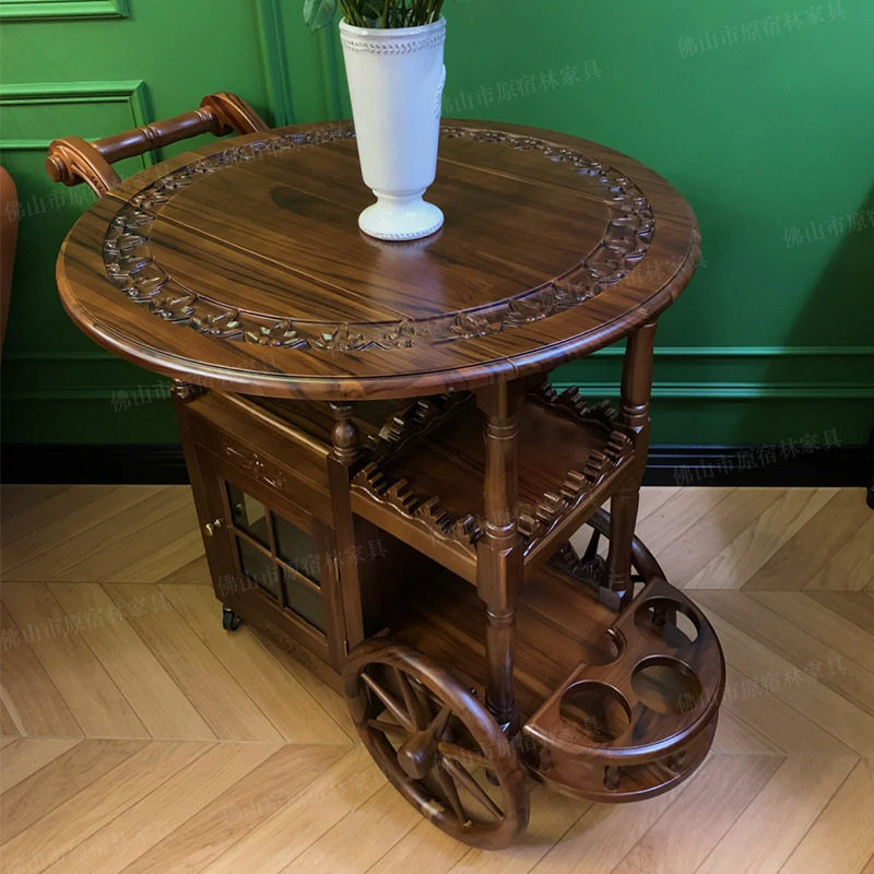 实木中古美式双层储物餐车