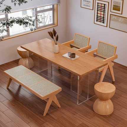北欧新款亚克力餐桌 创意悬浮原木大板吃饭桌 餐厅实木多人餐桌椅