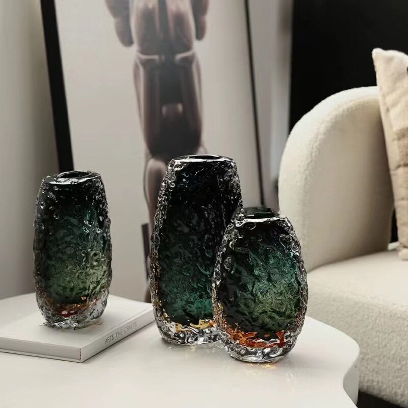极简现代绿色玻璃花瓶套装样板间售楼处软装饰品搭配客厅餐桌摆件