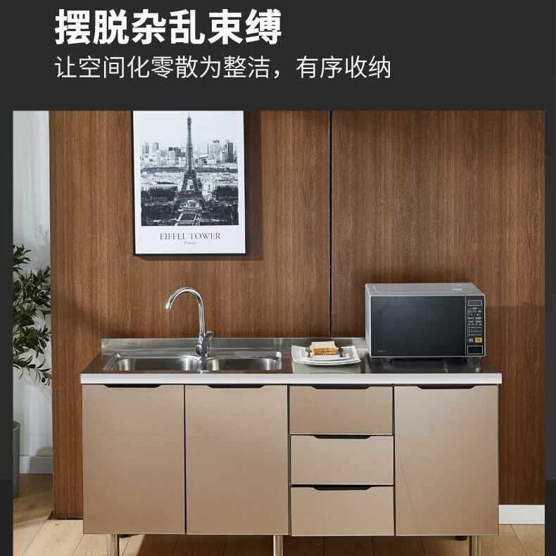 家用组装碗柜经济型餐边柜水槽不锈钢厨房橱柜玻璃门简易灶台一体