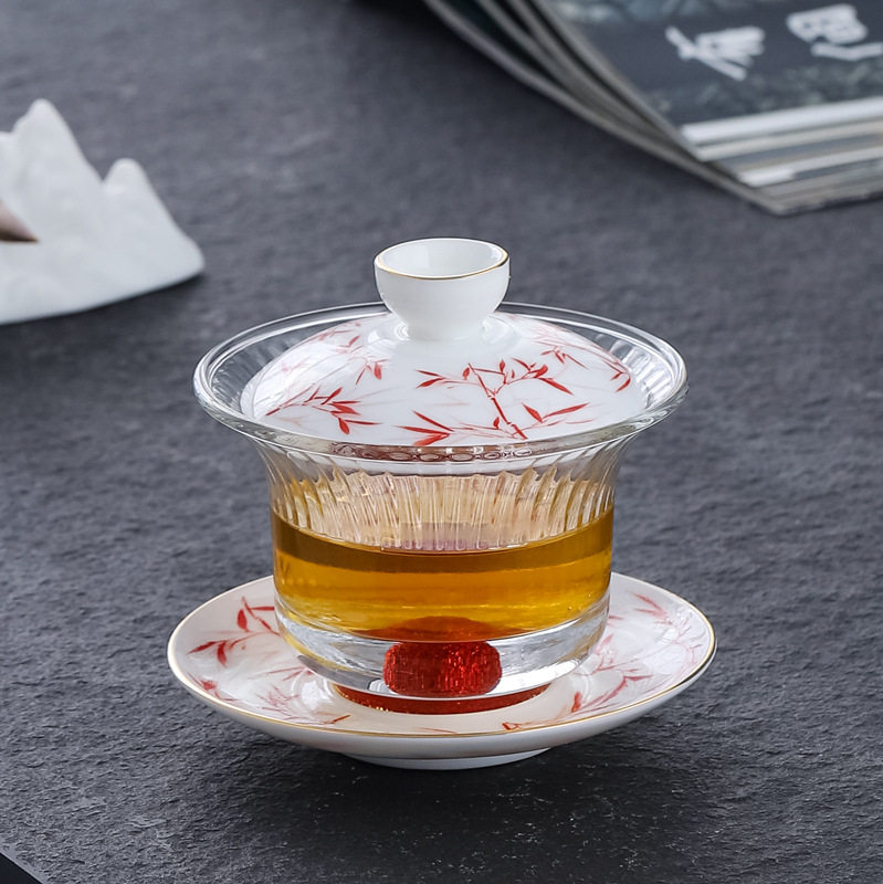 德化白瓷三才盖碗羊脂玉玻璃身描金单个泡茶杯改口敬茶碗壶承多用