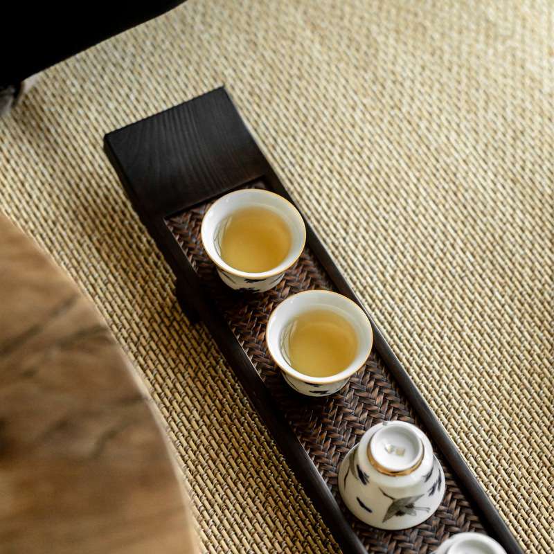 V3FP桐木茶杯架子茶杯垫手工编织茶杯托盘复古高脚干泡台杯架茶道