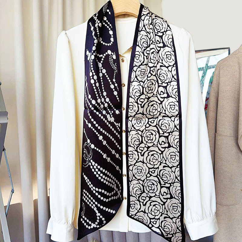 新款细窄长领巾杭州黑色链条茶花缎面双层双面桑蚕丝领巾女丝绸飘