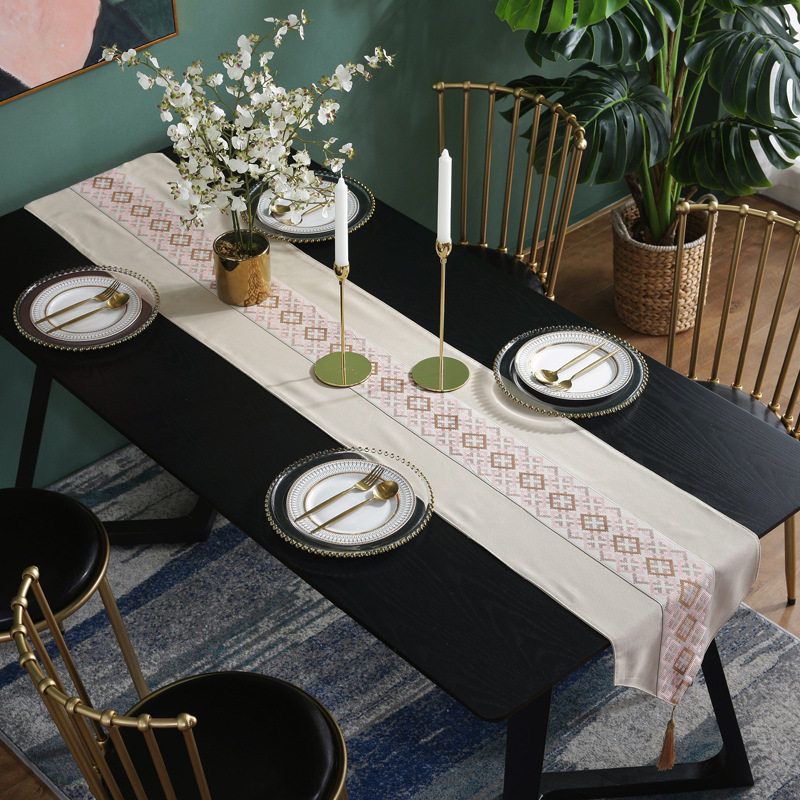 新中式拼花桌旗装饰桌巾茶席餐桌布旗棉麻加厚桌布出口款桌旗