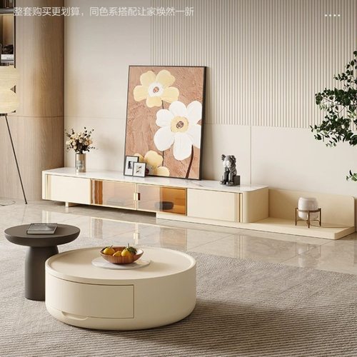 奶油风圆形茶几电视柜组合客厅家用新款小户型法式轻奢现代简约