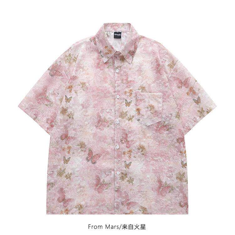 From Mars 收获满满 原宿风粉色蝴蝶满印休闲男女宽松短袖衬衫夏