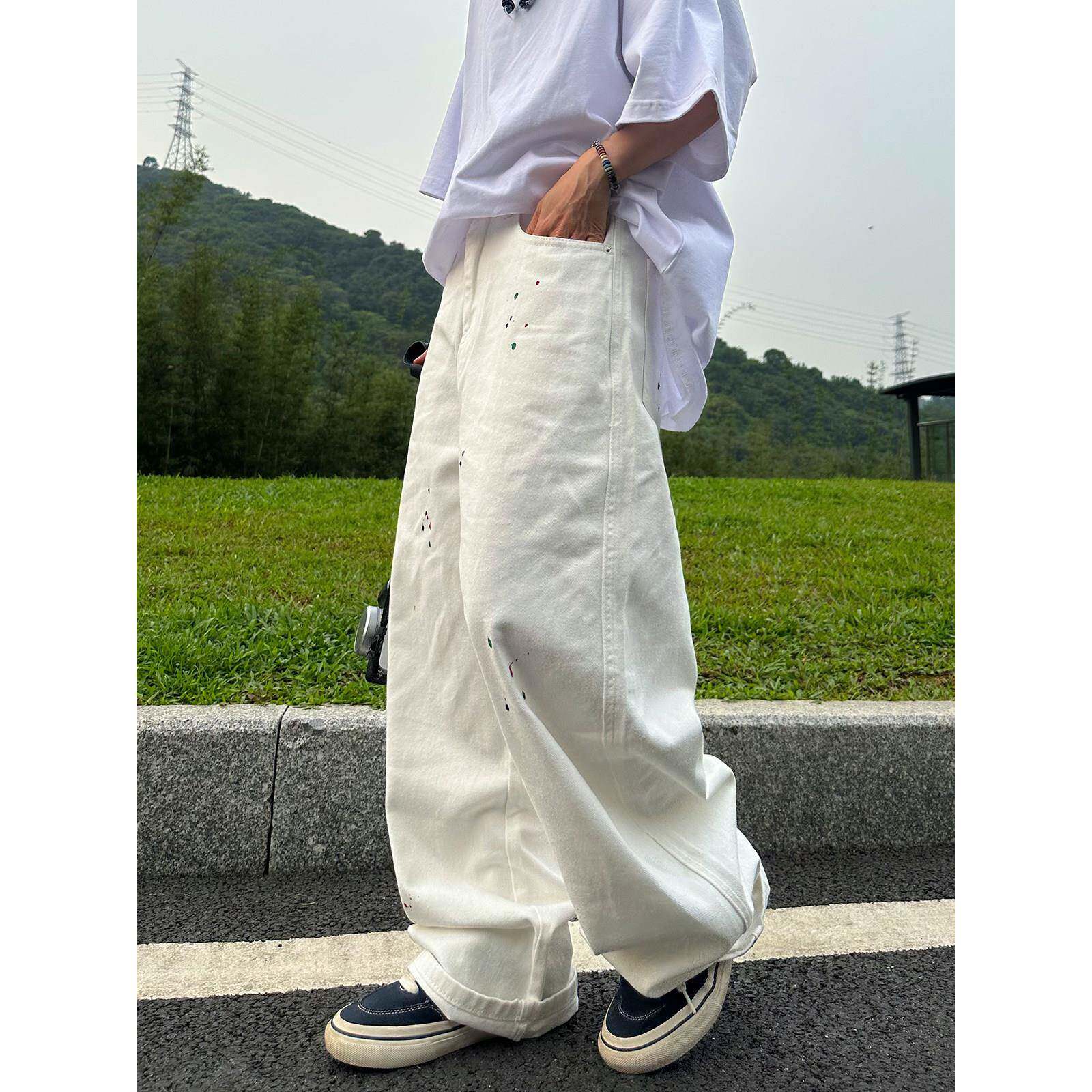 XBRO美式休闲白色泼墨牛仔裤男女直筒宽松垂感拖地百搭显瘦长裤bf