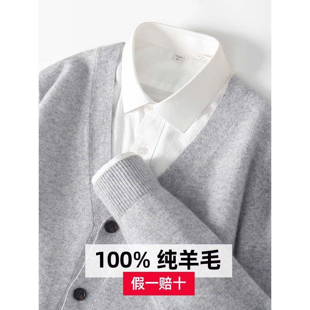 2025新款春秋纯羊毛开衫男士V领青年商务休闲大码针织时尚羊绒夹