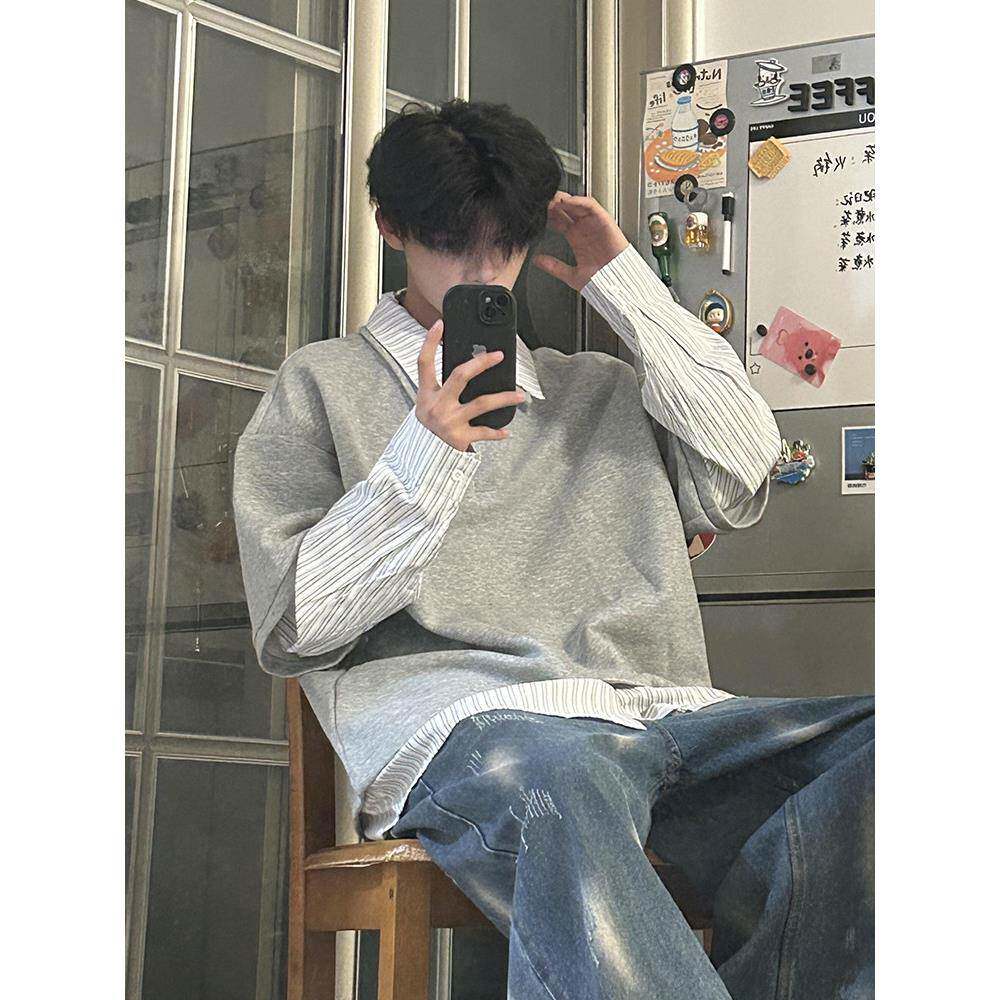 日系条纹衬衫拼接假两件polo衫卫衣男生秋季高级感痞帅学院风外套