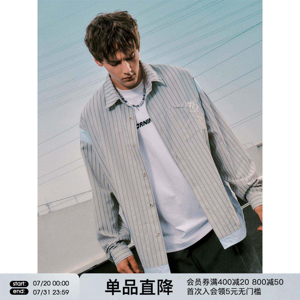 FORNINES拼接条纹刺绣长袖衬衫男女潮牌美式上衣春秋衣服休闲 外
