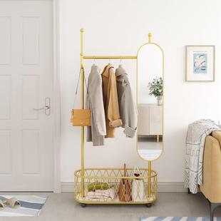 卧室落地挂衣架家用轻奢晾衣可旋转移动带全身穿衣镜子一体衣帽架