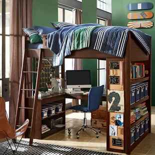 美式 实木儿童高低床上下床双层床高架床书桌一体小户型组合多功能