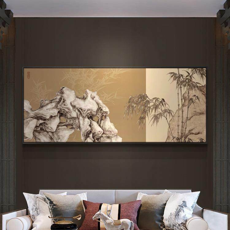 新中式客厅沙发背景装饰画别墅样板房石竹双清图大幅尺寸挂画
