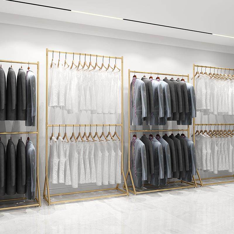 服装店金色展示双层落地架男女童装衣架可升降调节摄影楼挂衣专用