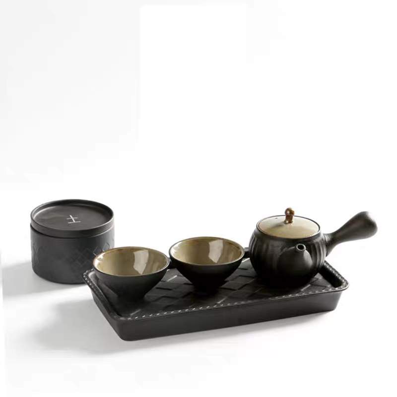 日式五行功夫粗陶 茶具套装家用简约整套茶具快客杯 一壶两杯一罐