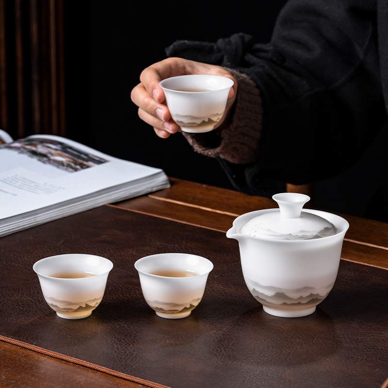 冰种玉瓷便携式快客杯一壶三杯随身泡茶壶茶杯小套装户外旅行茶具