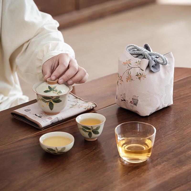 冰台手绘桂花陶瓷盖碗两茶杯玻璃公道杯家用旅行茶具便携套装户外